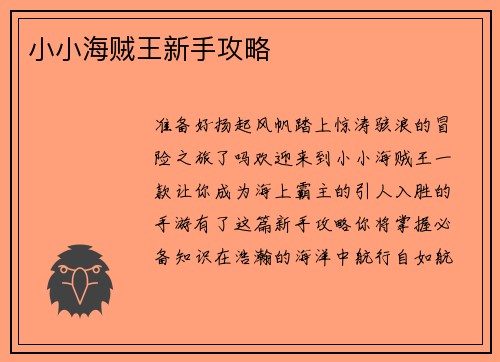 小小海贼王新手攻略