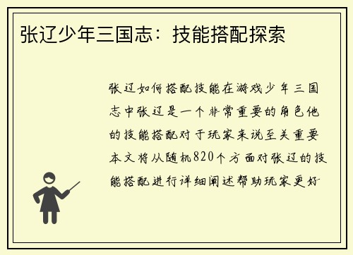 张辽少年三国志：技能搭配探索